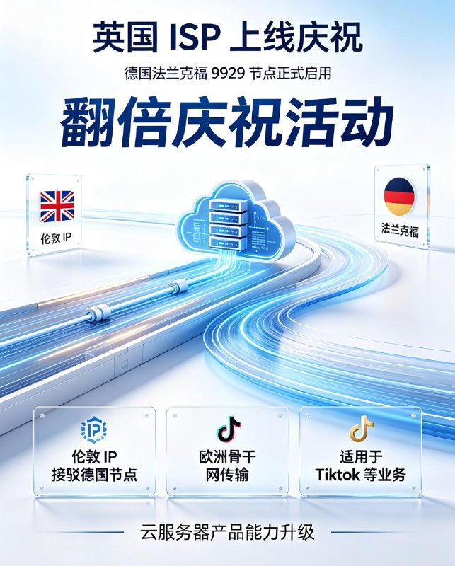为庆祝 英国 ISP （德国法兰克福 9929 ）上线，特此 推出 翻倍庆祝活动：透过欧洲骨干网，将英国伦敦 IP 接驳至德国节点，赋予产品 ISP 属性适用于 Tiktok 等业务！DigitalVirt/Hello/UK使用优惠码（七折）进行年付购买英国 9929 区域产品，将对下列配置翻倍：核心 x 2内存 x 2流量 x 2购买地址： 