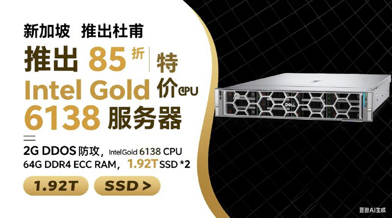 新加坡 推出杜甫 现 85 折 特价 Intel Gold 6138 CPU 服务器2G DDOS 防攻 Intel Gold 6138 CPU64G DDR4 ECC RAM1.92T SSD *2GIA 100M/CIA 20M选购地址：