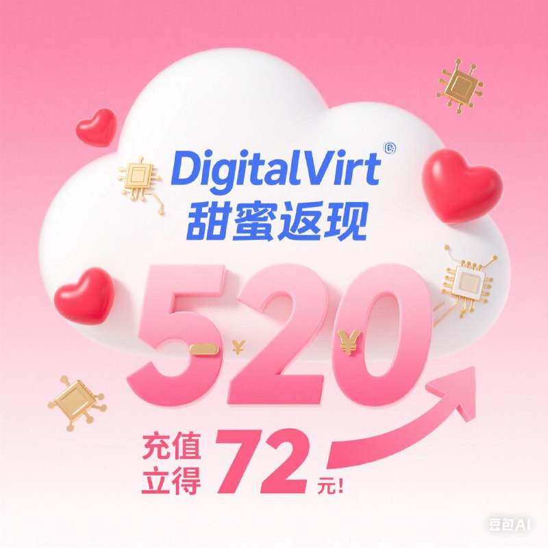 DigitalVirt 520 充值返现活动公告亲爱的 DigitalVirt 用户：在这个浪漫的 520 日子里，DigitalVirt 为您准备了专属充值返现福利，让您的云端之旅更加甜蜜！活动详情活动时间：仅限 2025 年 5 月 20 日 当天活动内容：充值 520 元，立享 72 元 返现！活动规则✅ 仅限 DigitalVirt 账户充值，返现金额自动发放至您的账户余额